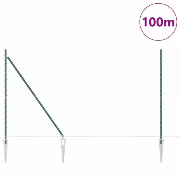 Sechseckzaun Grün 1,5x100 m Stahl, Zaunpfosten mit Spike 13 Stk Ø32 mm 170 cm Galvanisierter Stahl