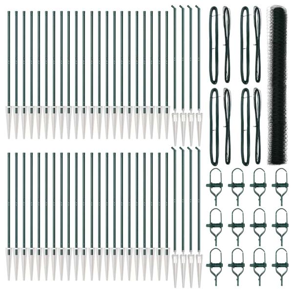 Sechseckzaun Grün 1,6x100 m Stahl, Zaunpfosten mit Spitze 13 Stück Ø32 mm 180 cm Verzinkter Stahl
