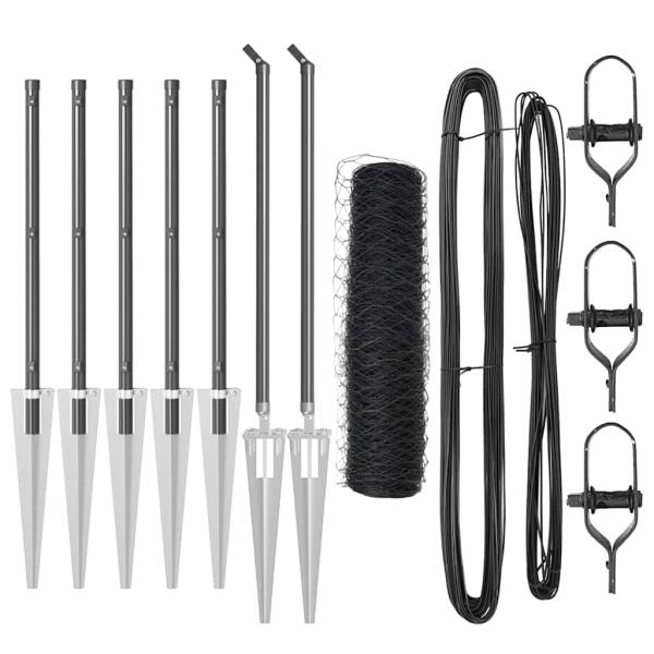 Sechseckzaun Grau 0,4x10 m Stahl, Zaunpfosten mit Spike 7 Stück Ø32 mm 60 cm Galvanisiertes Stahl