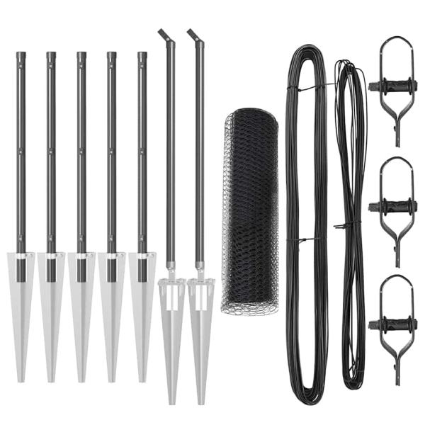 sechseckiger Zaun Grau 0,5x10 m Stahl, Zaunpfosten mit Spike 7 Stück Ø32 mm 80 cm verzinkter Stahl