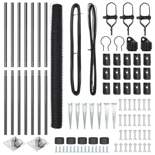 Sechseckzaun Grau 1,5x10 m Stahl, Zaunpfosten mit Spike 7 Stk Ø32 mm 170 cm galvanisierte Stahl