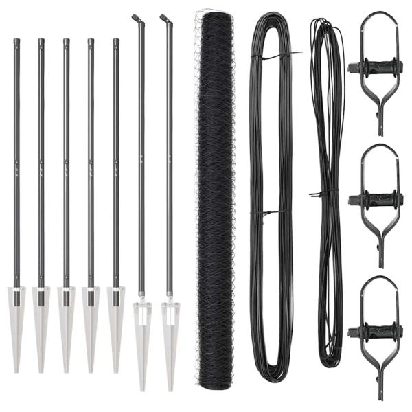 Sechseckzaun Grau 1,5x10 m Stahl, Zaunpfosten mit Spitze 7 Stück Ø32 mm 170 cm verzinkter Stahl