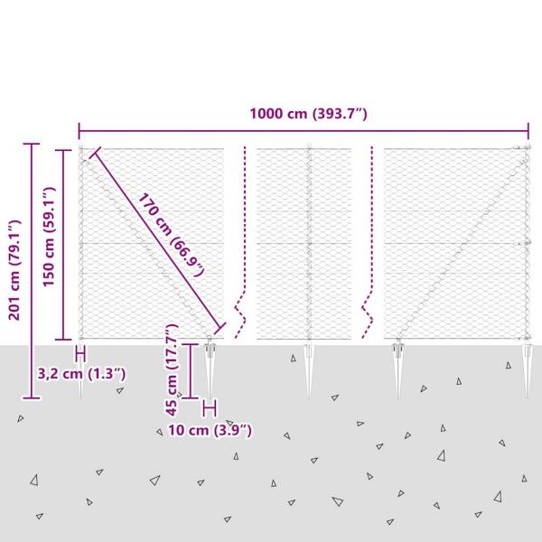 Sechseckzaun Grau 1,5x10 m Stahl, Zaunpfosten mit Spitze 7 Stück Ø32 mm 170 cm verzinkter Stahl