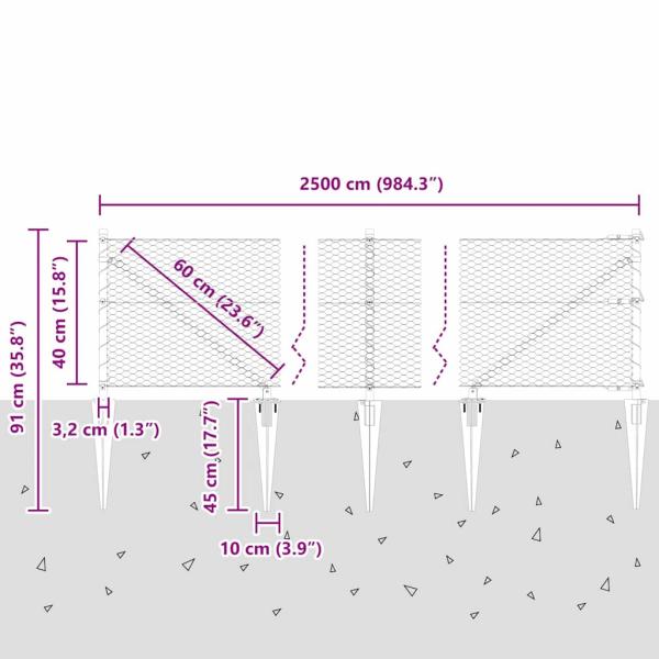 Sechseckzaun Grau 0.4x25 m Stahl, Zaunpfosten mit Spitze 13 Stück Ø32 mm 60 cm verzinkter Stahl