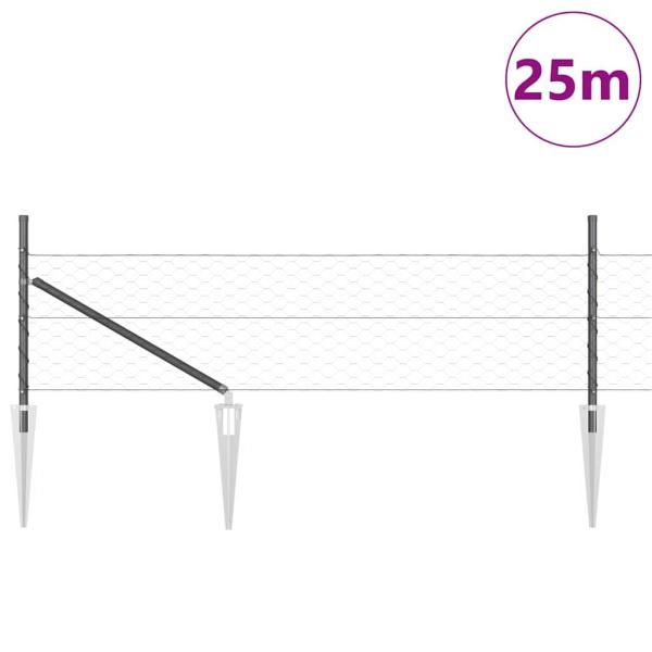 Sechseckzaun Grau 0,4x25 m Stahl, Zaunpfosten mit Spitze 13 Stück Ø32 mm 60 cm verzinkter Stahl