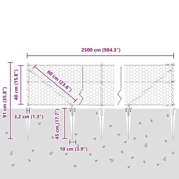 Sechseckzaun Grau 0,4x25 m Stahl, Zaunpfosten mit Spitze 13 Stück Ø32 mm 60 cm verzinkter Stahl