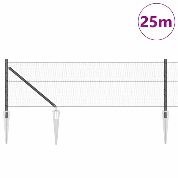 Sechseckzaun Grau 0.6x25 m Stahl, Zaunpfosten mit Spitze 13 Stk Ø32 mm 80 cm Galvanisierter Stahl