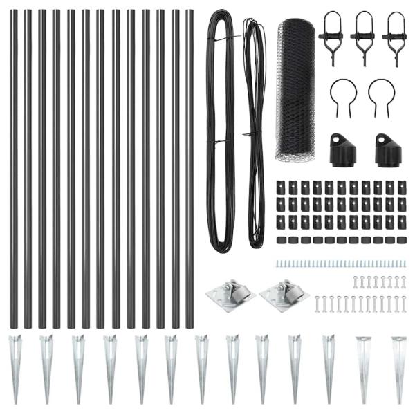 Sechseckzaun Grau 0.6x25 m Stahl, Zaunpfosten mit Spitze 13 Stk Ø32 mm 80 cm Galvanisierter Stahl