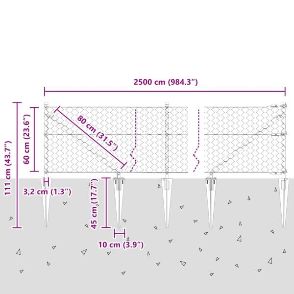 Sechseckzaun Grau 0.6x25 m Stahl, Zaunpfähle mit Spieß 13 Stück Ø32 mm 80 cm galvanisiertes Stahl