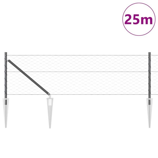 Sechseckzaun Grau 0.6x25 m Stahl, Zaunpfähle mit Spieß 13 Stück Ø32 mm 80 cm galvanisiertes Stahl