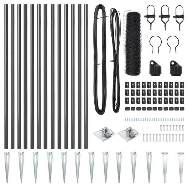 Sechseckzaun Grau 0.6x25 m Stahl, Zaunpfähle mit Spieß 13 Stück Ø32 mm 80 cm galvanisiertes Stahl