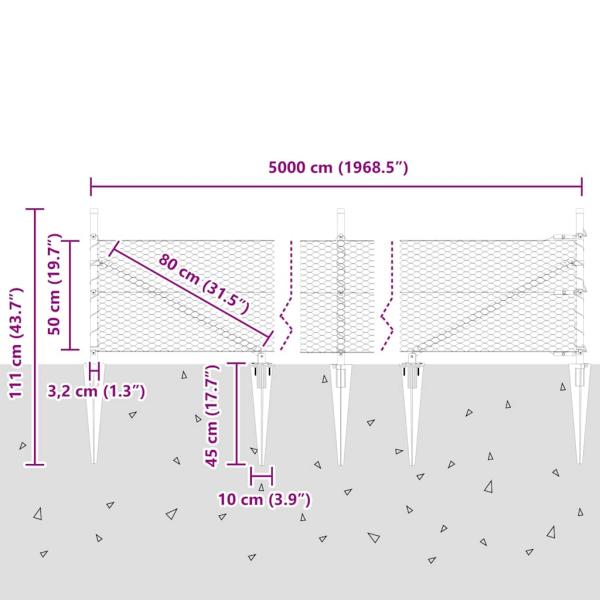 Hexagonzaun Grau 0.5x50 m Stahl, Zaunpfosten mit Spitze 13 Stück Ø32 mm 80 cm verzinkter Stahl