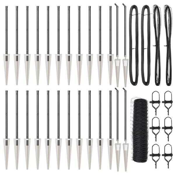 Sechseckzaun Grau 0,5x50 m Stahl, Zaunpfosten mit Spike 13 Stück Ø32 mm 80 cm verzinkter Stahl