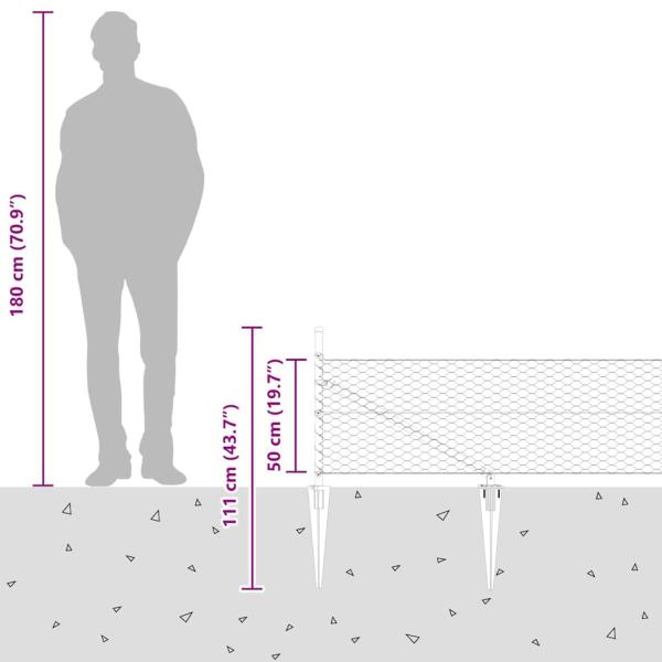 Sechseckzaun Grau 0,5x50 m Stahl, Zaunpfosten mit Spike 13 Stück Ø32 mm 80 cm verzinkter Stahl