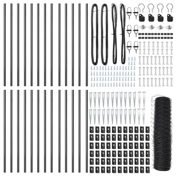 Sechseckzaun Grau 0,5x50 m Stahl, Zaunpfosten mit Spike 13 Stück Ø32 mm 80 cm verzinkter Stahl