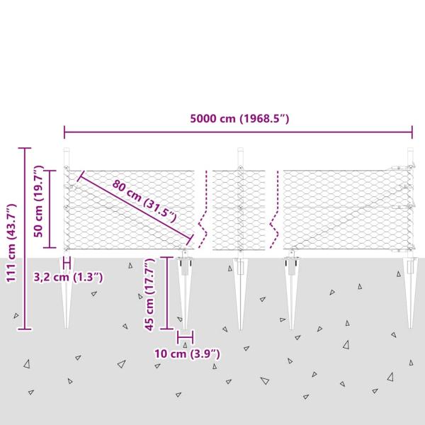 Sechseckzaun Grau 0,5x50 m Stahl, Zaunpfosten mit Spike 13 Stück Ø32 mm 80 cm verzinkter Stahl