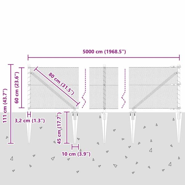 Sechseckzaun Grau 0,6x50 m Stahl, Zaunpfosten mit Spitze 13 Stück Ø32 mm 80 cm Verzinkter Stahl