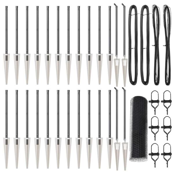 ARDEBO.de - Sechseckzaun Grau 0,6x50 m Stahl, Zaunpfosten mit Spike 13 Stück Ø32 mm 80 cm verzinkter Stahl