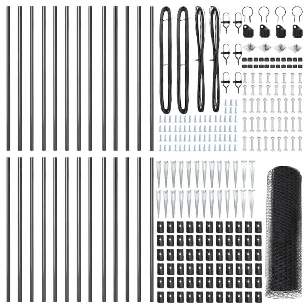 Sechseckzaun Grau 0,6x50 m Stahl, Zaunpfosten mit Spike 13 Stück Ø32 mm 80 cm verzinkter Stahl