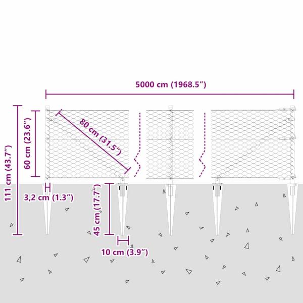 Sechseckzaun Grau 0,6x50 m Stahl, Zaunpfosten mit Spike 13 Stk Ø32 mm 80 cm feuerverzinkter Stahl