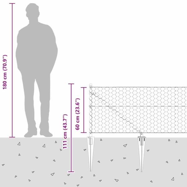 Hexagonzaun Grau 0.6x50 m Stahl, Zaunpfosten mit Spike 13 Stück Ø32 mm 80 cm galvanisierter Stahl