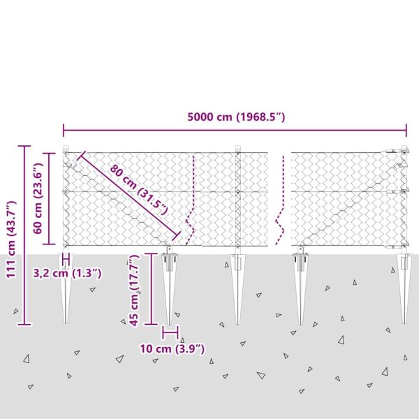 Hexagonzaun Grau 0.6x50 m Stahl, Zaunpfosten mit Spike 13 Stück Ø32 mm 80 cm galvanisierter Stahl