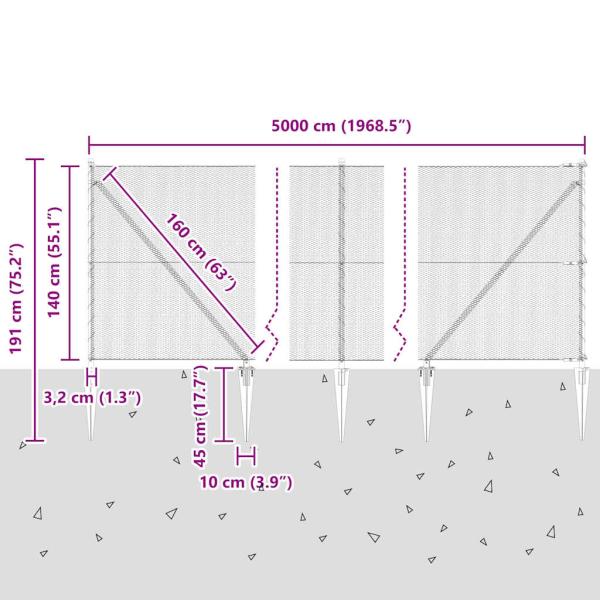 Hexagon Zaun Grau 1,4x50 m Stahl, Zaunpfosten mit Spitze 13 Stück Ø32 mm 160 cm verzinkter Stahl