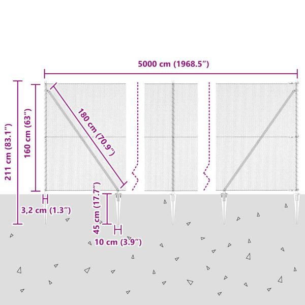Sechseckzaun Grau 1.6x50 m Stahl, Zaunpfosten mit Spikes 13 Stück Ø32 mm 180 cm Verzinkter Stahl