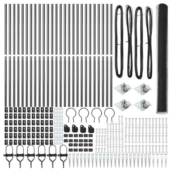 Sechseckzaun Grau 1.6x50 m Stahl, Zaunpfosten mit Spikes 13 Stück Ø32 mm 180 cm Verzinkter Stahl