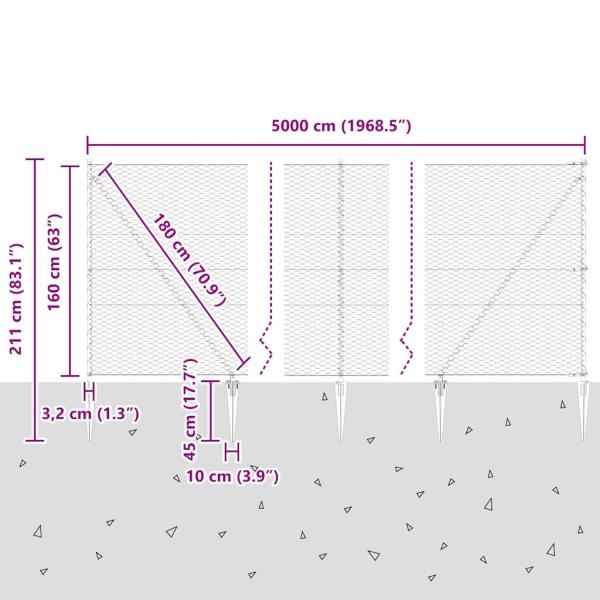 Hexagon Zaun Grau 1,6x50 m Stahl, Zaunpfosten mit Spike 13 Stk Ø32 mm 180 cm Verzinkter Stahl