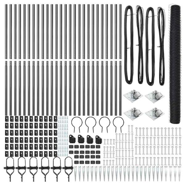 Sechseck-Zaun Grau 1,6 x 50 m Stahl, Zaunpfosten mit Spike 13 Stück Ø32 mm 180 cm verzinkter Stahl