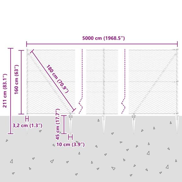 Sechseck-Zaun Grau 1,6 x 50 m Stahl, Zaunpfosten mit Spike 13 Stück Ø32 mm 180 cm verzinkter Stahl