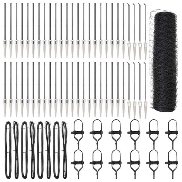 Hexagon-Zaun Grau 0.6x100 m Stahl, Zaunpfosten mit Spike 13 Stück Ø32 mm 80 cm Verzinkter Stahl