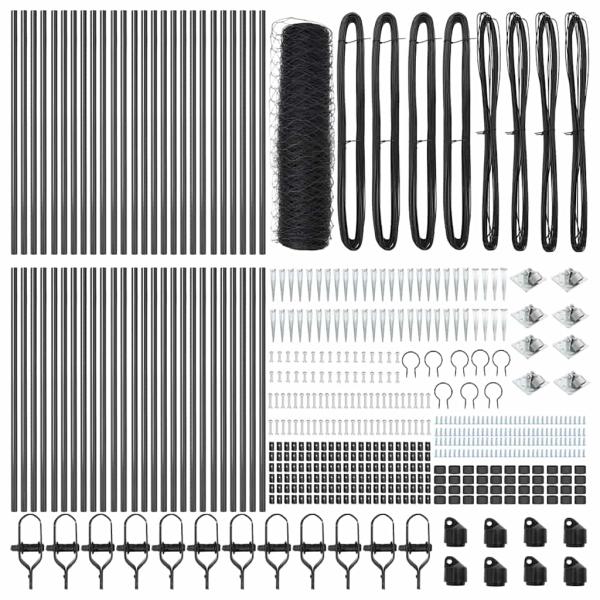 Sechseckzaun Grau 1x100 m Stahl, Zaunpfosten mit Spike 13 Stück Ø32 mm 120 cm verzinkter Stahl