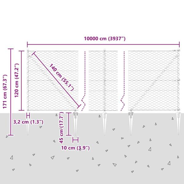 Hexagonzaun Grau 1,2x100 m Stahl, Zaunpfosten mit Spitze 13 Stück Ø32 mm 140 cm verzinkter Stahl