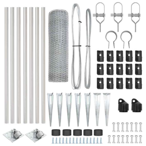 Sechseckzaun 0,5x10 m verzinkter Stahl, Zaunpfosten mit Spitze 7 Stück Ø32 mm 80 cm verzinkter Stahl