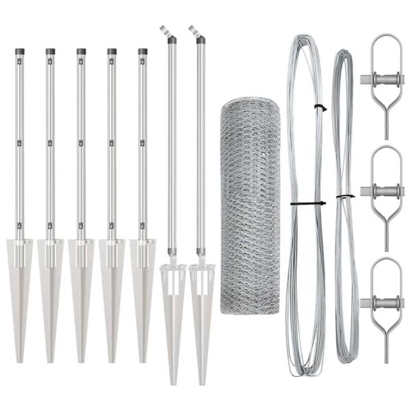 Hexagonzaun 0.8x10 m Verzinkter Stahl, Zaunpfosten mit Spitze 7 Stück Ø32 mm 100 cm Verzinkter Stahl