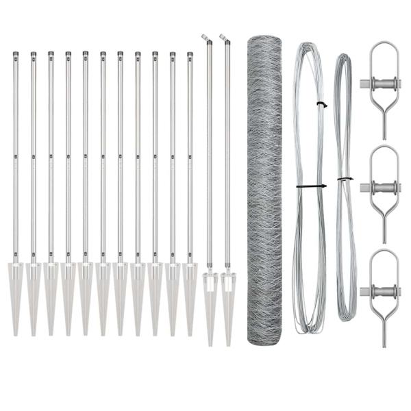 Sechseckzaun 1,2x10 m Verzinkter Stahl, Zaunpfosten mit Spike 7 Stk Ø32 mm 140 cm Verzinkter Stahl