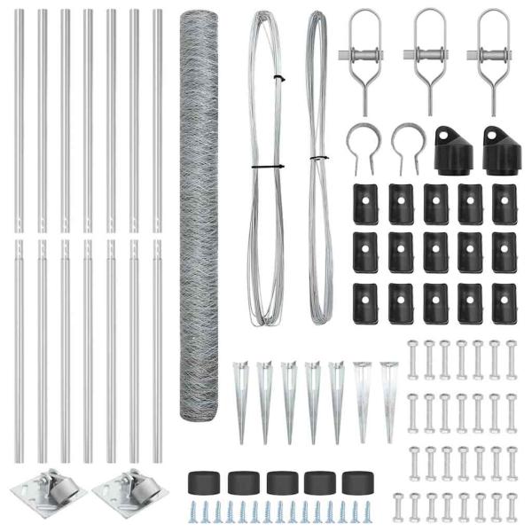 Sechseckzaun 1,5x10 m verzinkter Stahl, Zaunpfosten mit Spitze 7 Stück Ø32 mm 170 cm verzinkter Stahl