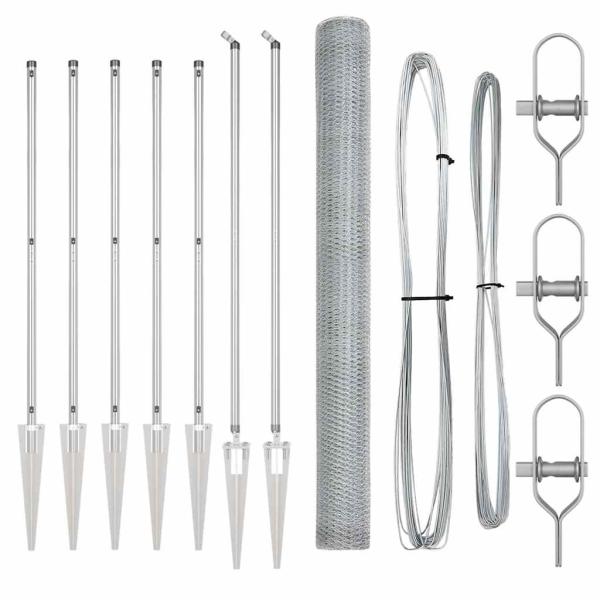 Sechseckzaun 1,6x10 m Feuerverzinkter Stahl, Zaunpfosten mit Spike 7 Stück Ø32 mm 180 cm Feuerverzinkter Stahl