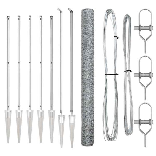 Sechskantzaun 1,6x10 m verzinkter Stahl, Zaunpfosten mit Spike 7 Stück Ø32 mm 180 cm verzinkter Stahl