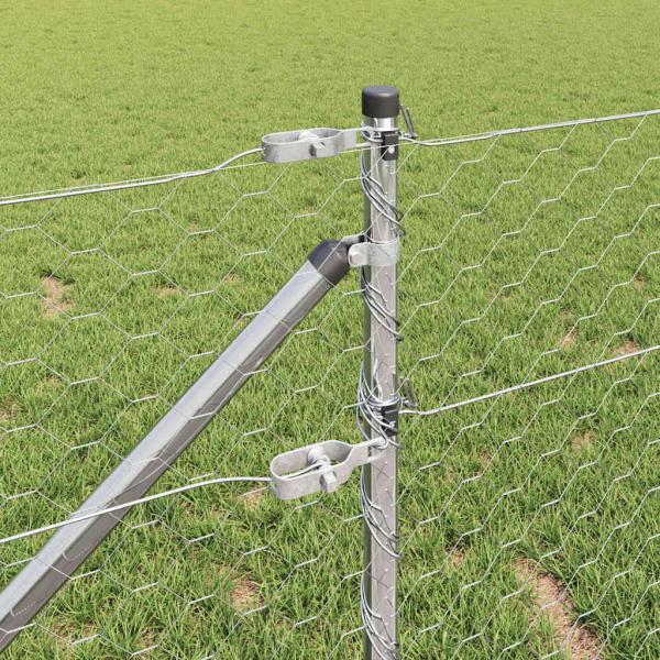 Sechskantzaun 0,6x25 m feuerverzinkter Stahl, Zaunpfosten mit Spike 13 Stück Ø32 mm 80 cm feuerverzinkter Stahl