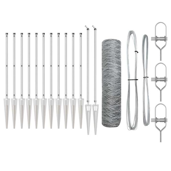 Sechseckzaun 0.8x25 m Verzinkter Stahl, Zaunpfosten mit Spitze 13 Stück Ø32 mm 100 cm Verzinkter Stahl