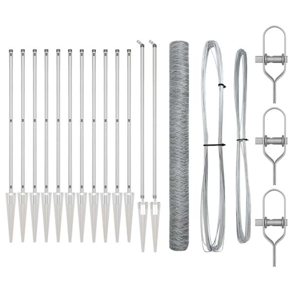 Sechskantzaun 1,6x25 m Verzinkter Stahl, Zaunpfosten mit Spike 13 Stück Ø32 mm 180 cm Verzinkter Stahl