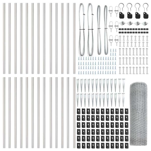 Sechseckzaun 0.4x50 m Verzinkter Stahl, Zaunpfosten mit Spike 13 Stück Ø32 mm 60 cm Verzinkter Stahl