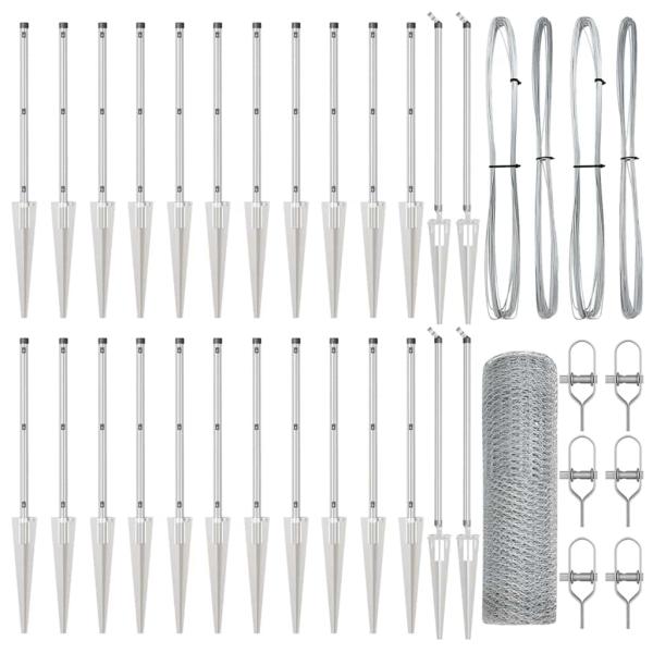 Hexagon Zaun 1x50 m Verzinkter Stahl, Zaunpfosten mit Spike 13 Stk Ø32 mm 120 cm Verzinkter Stahl