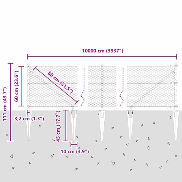 Hexagon Zaun 0.6x100 m Verzinkter Stahl, Zaunpfosten mit Spike 13 Stück Ø32 mm 80 cm Verzinkter Stahl