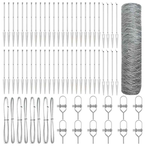Sechseckzaun 0,6x100 m Verzinkter Stahl, Zaunpfosten mit Spitze 13 Stk Ø32 mm 80 cm Verzinkter Stahl