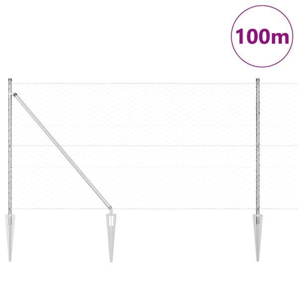 Hexagondrahtzaun 1x100 m Feuerverzinkter Stahl, Zaunpfosten mit Spike 13 Stück Ø32 mm 120 cm Feuerverzinkter Stahl