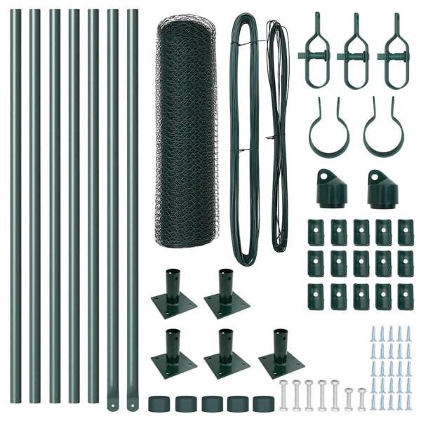 Sechseckzaun Grün 0,4x10 m Stahl, Zaunpfosten mit Basisplatten 7 Stück Ø32mm 50cm verzinkter Stahl